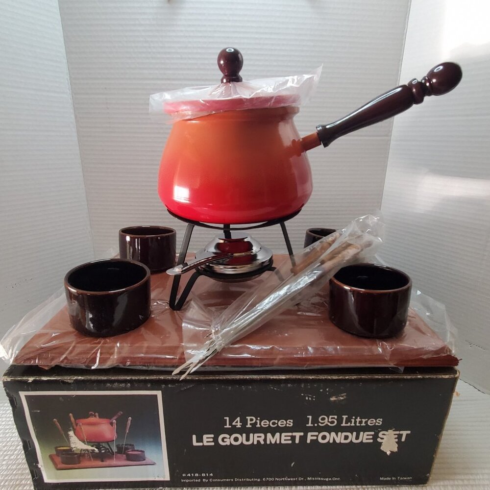 14 Piece Fondue Set Le Gourmet New In Open Box 1.95 Litres Vintage Orange MCM